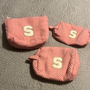 Pink Quilted Pouch Set with S Monogram NEW without tags